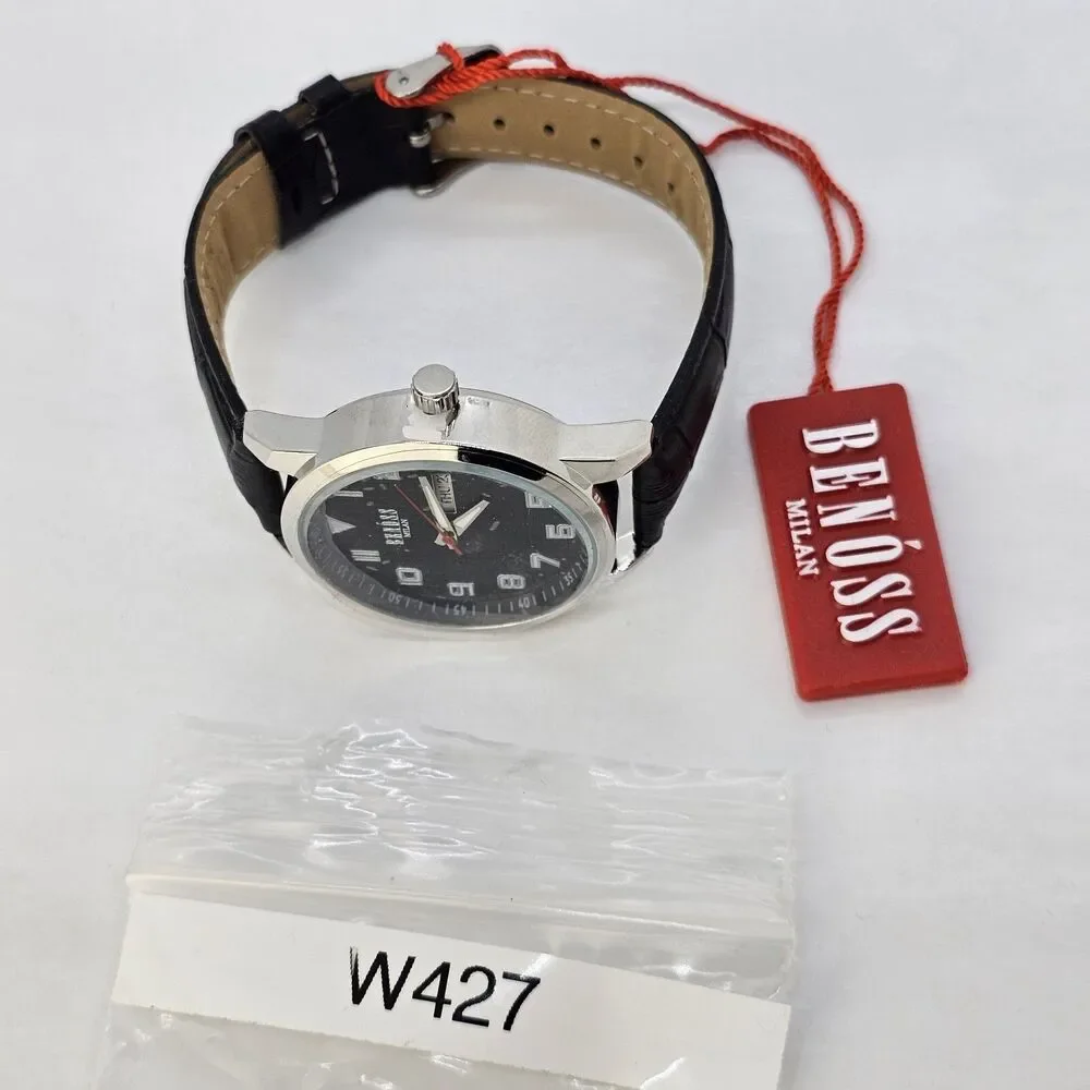 Benoss‎ Milan 38MM Men's Watch Black Dial Day Date Indicator Black Leather Bands